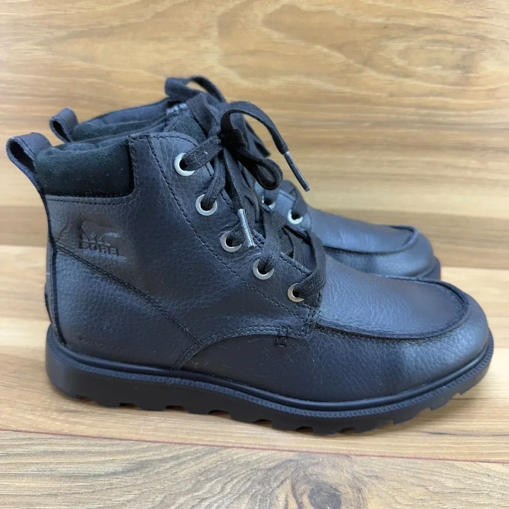 SOREL Madson Moc Toe Boots Youth Size 3 Black Leather Waterproof Lace up